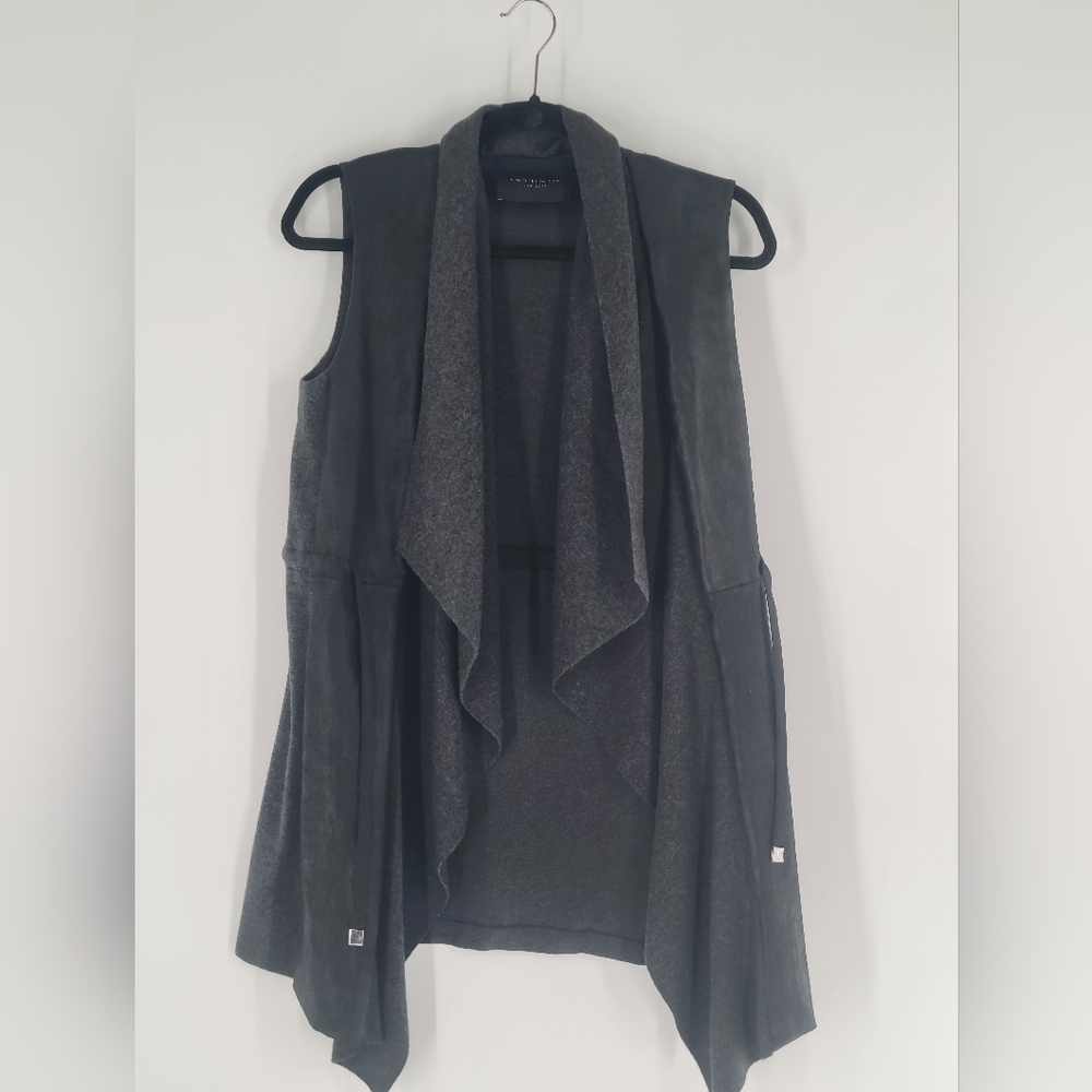 Lafayette148 Sleeveless‎ Wool Cardigan Vest with Leather Side Panels Size S